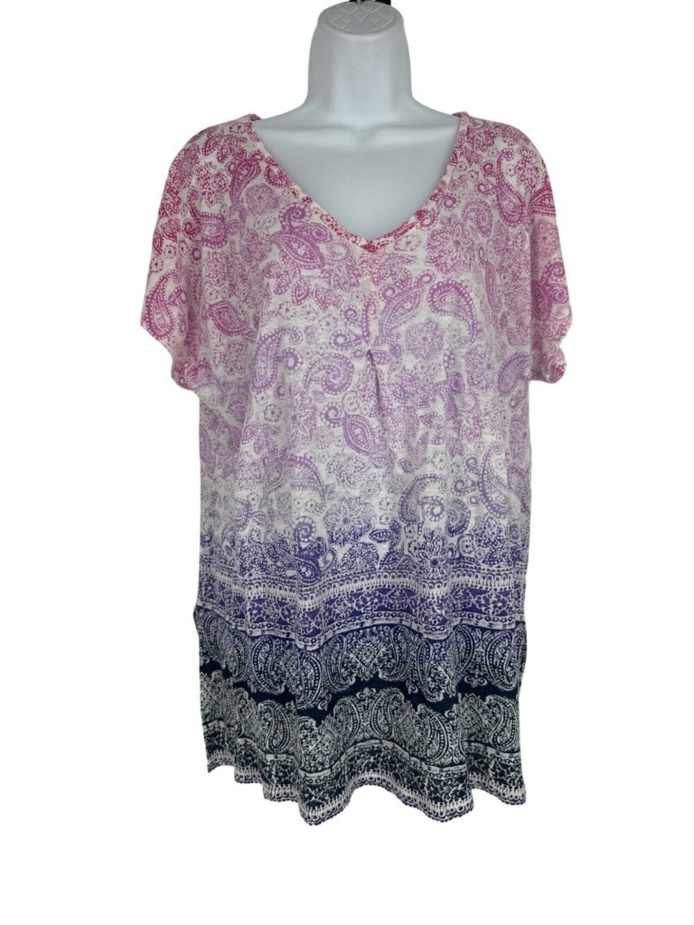 J. Jill Love Linen V-Neck Floral Paisley Print Short Sleeve Top Size XL Petite